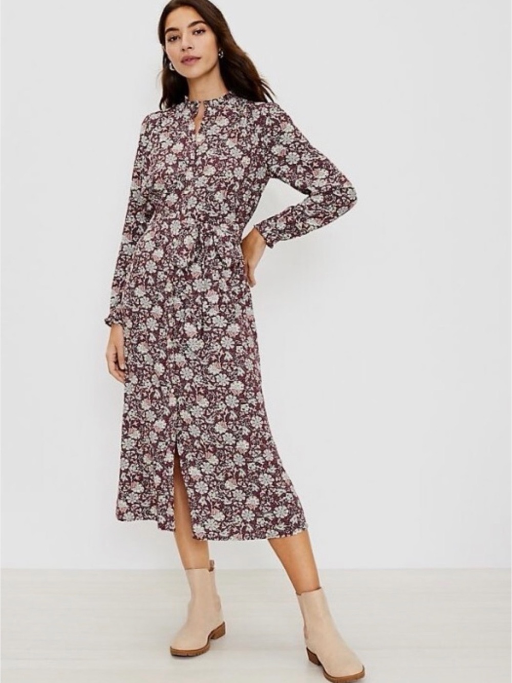 LOFT Floral Ruffle Shirtdress